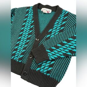 Vtg 80|90s JORDACHE Kids 6 Cardigan Sweater Teal Geometric Grandpa Knit